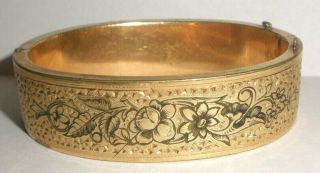 Antique Victorian Gold Filled Bangle Bracelet Niello With Flowers Decoration