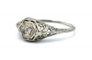 Antique Art Deco Diamond Engagement Bridal Ring Filigree 18k White Gold Size 5.  5
