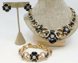 Rare Panetta Clear Rhinestone Black Enamel Floral Necklace Bracelet Earrings Set