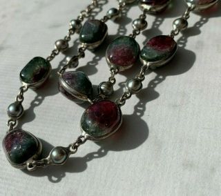 Vintage Sterling Silver 925 Watermelon Tourmaline Bead Pearl Pendant Necklace 21 3
