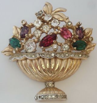 Vintage Coro Gold Plate Multi Color Rhinestone Flower Basket Brooch