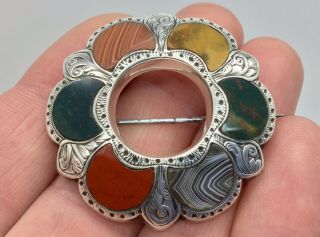 Antique Victorian Scottish Specimen Agate Silver Pebble Brooch Pin