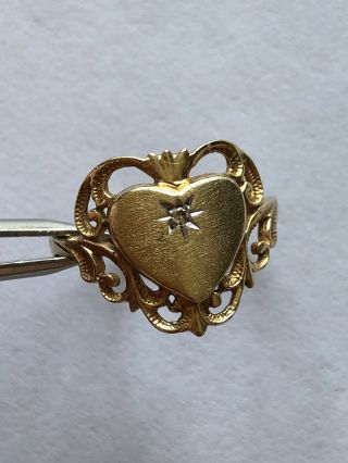 14k Yellow Gold Heart Love Vintage Estate Ring Filigree Diamond Size 7