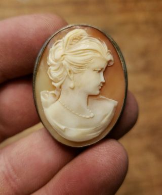 Antique Victorian 800 Silver Carved Shell Cameo Wimen Pendant Brooch Marcasite