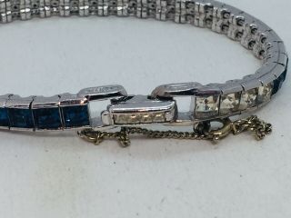 Ciner Vintage Rhodium Plated Square Blue & Clear Rhinestone Tennis Bracelet 2