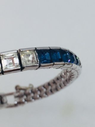 Ciner Vintage Rhodium Plated Square Blue & Clear Rhinestone Tennis Bracelet 3