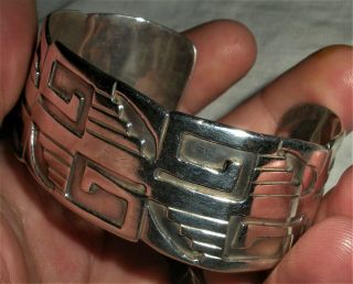 Vintage C.  1940 Taxco Sterling Silver Mexican Cuff Bracelet Tribal Design Vafo