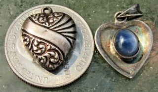 Two Vintage Sterling Silver Heart Pendants Charms Star Sapphire Etched Puffy