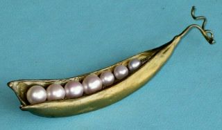 Michael Michaud Pearl Hand Painted Bronze " Peas In A Pod " Brooch Signed