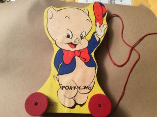 1960s Mattel Warner Bros Porky Pig Wooden Pull Toy