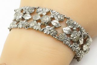 Germany 925 Silver - Vintage Sculpted Floral Square Link Chain Bracelet - B5239