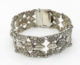 GERMANY 925 Silver - Vintage Sculpted Floral Square Link Chain Bracelet - B5239 2