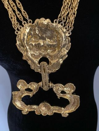 Vintage Signed Pauline Rader RUNWAY DoorKnocker Necklace Mythical God w Cherubs 3