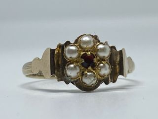 Antique Pearl & Red Stone 18ct Gold Patn Dress Ring Uk Size R 1/2
