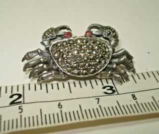 Vintage Crab Pin Brooch 925 Sterling Silver Marcasite & Red Stones Post