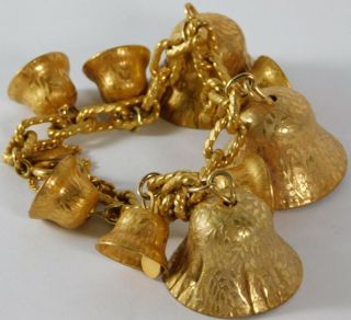 Vtg Miriam Haskell Christmas Gold Tone Brass Ornate Jingle Bell Bracelet 7 1/2 "