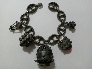 Large Vintage Italy 800 Silver Etruscan Cannetille Five Fob Bracelet - 53.  Grams