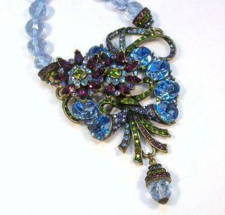 Heidi Daus Blue & Purple Flowers & Bow Focal Statement Necklace W/ Box