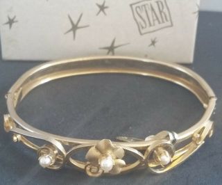 Vintage Gold Filled Cultured Pearl Flower Bangle Hinged Bangle Bracelet By Star