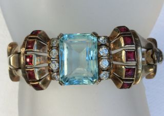Vtg 40’s True Retro Sterling Silver Aquamarine Ruby Glass Rose Vermeil Bracelet