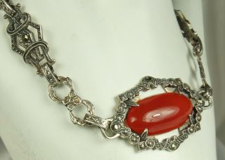 Art Deco Carnelian Bracelet 1920s Sterling Silver Cab Gemstone & Marcasites Fab