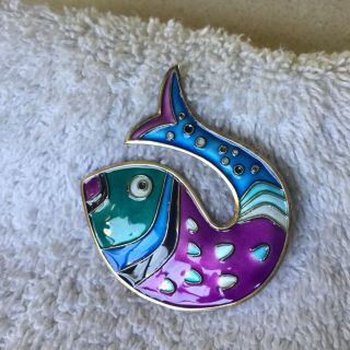Mid - Century David - Andersen Sterling And Enamel Fish Pin - Norway - Signed