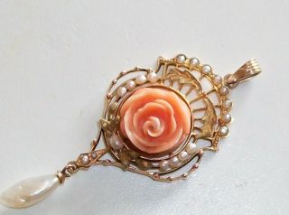 Victorian Era Hand Carved Corral Flower And Pearl Pendant In 10k Gold