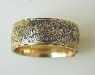 Antique F.  M.  Co.  12k Gold Fill & Black Enamel Floral Wide Hinged Bangle Bracelet
