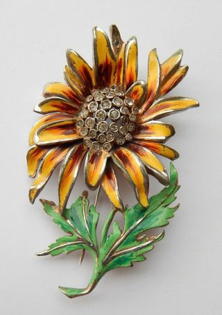 Reja Large Layered Enameled Sunflower Figural Flower Brooch With Pave Center