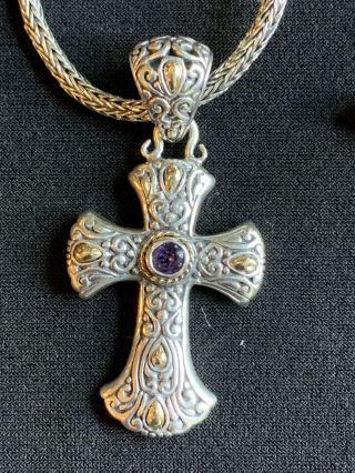 Samuel B Benham Bjc 925 Silver &18k Gold Amethyst Cross Wheat Chain 18” Necklace