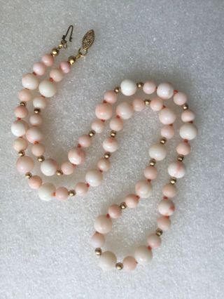Vintage Natural Pink Angel Skin Coral 14 K Gold Bead Hand Knotted Necklace 27.  3g