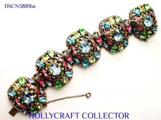 38816a - Signed Hollycraft 1955 Multi Color Pastel 5 Sections Xtra Wide Bracelet
