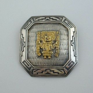 Mid Century Peru Sterling 18kt Gold Pre - Columbian Style Pendant Brooch Signed