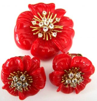 Angelique De Paris 925 Sterling Silver Red Flower Pin Earring Set