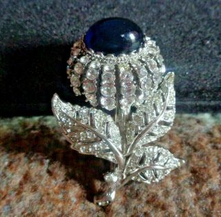 Large Nolan Miller Blue Cabochon And Clear Crystal Flower Pin