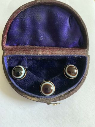 Victorian 15ct Gold & Polished Banded Agate Studs In Fitted Case