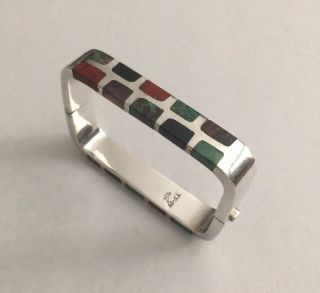 Modernist Sterling Silver And Multi - Stone Bangle Bracelet Mexico Taxco 35g