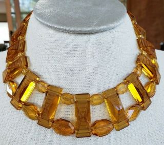 Art Deco Acid Etched Pyramid Amber Glass Bead Collar Bib Necklace Assemblage
