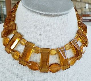 Art Deco Acid Etched Pyramid Amber Glass Bead Collar Bib Necklace Assemblage 2