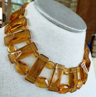 Art Deco Acid Etched Pyramid Amber Glass Bead Collar Bib Necklace Assemblage 3