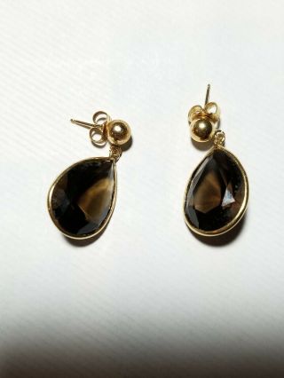 14k Yellow Gold Smokey Quartz Dangle Style Pierced Earrings