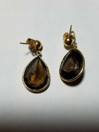 14K Yellow Gold Smokey Quartz Dangle Style Pierced Earrings 2