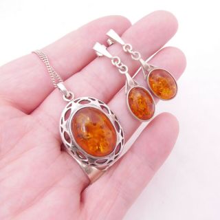 Solid Silver Natural Amber Pendant On Chain & Matching Amber Drop Earrings,  925