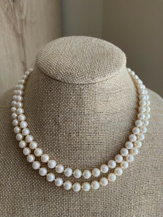 Vintage 6mm Cultured Pearl Double Strand Necklace 14k Clasp,  W/ Appraisal