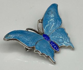 Art Deco Blue Guilloche Enamel Hallmarked Solid Silver Butterfly Brooch