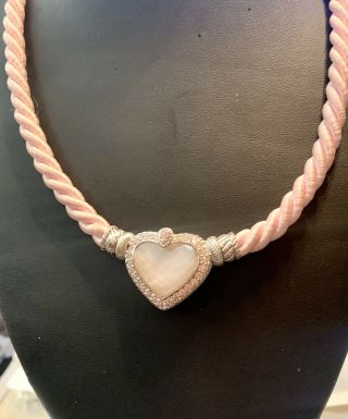 Judith Ripka Pink Silk Rope Necklace With White Pearl And Pink Heart Enhancer