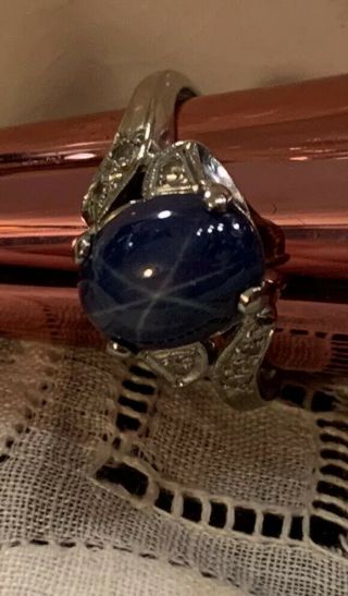 14kt White Gold Star Sapphire & Diamond Ring 6 1/2 7 Estate Find