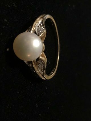 14k White Gold 8mm Pearl And Diamond Ring Size 7.  Cute Estate Pearl Ring 3