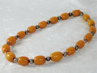 Atq Chinese Silver Baltic Amber Butterscotch Barrel Bead Graduated Necklace 18 "