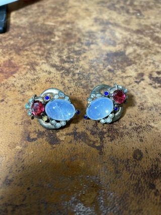 1940’s Trifari ‘alfred Philippe’ Sterling Jelly Belly Moonstone Ruby Earrings